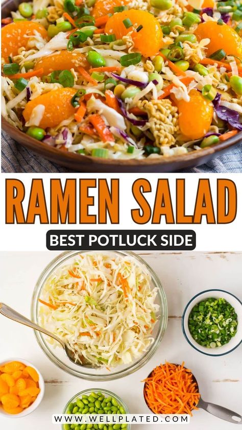 A fresh HEALTHY version of the ridiculously amazing Asian ramen salad made with better, fresher ingredients! With crunchy cabbage coleslaw, mandarin oranges, almonds, and the signature ramen noodles, this oriental salad is ADDICTIVE. The perfect side dish for any potluck! Everyone will be asking for the recipe! #wellplated #ramensalad #asianramensalad Asian Ramen Noodle Salad, Asian Ramen Salad, Cabbage Coleslaw, Asian Ramen, Fresh Basil Recipes, Asian Salad Recipe, Asian Coleslaw, Ramen Salad, Ramen Noodle Salad