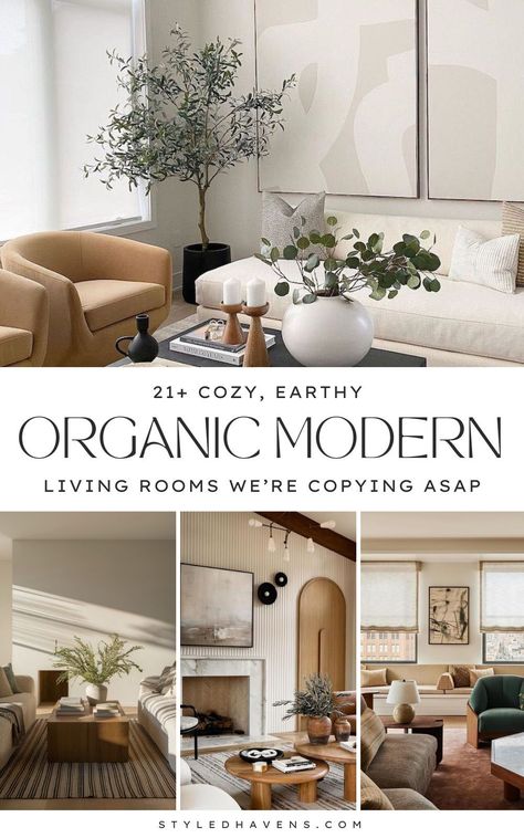 On the hunt for natural living room inspo and love the feel of a good modern organic living room style? Organic modern design is hot, hot HOT for 2025 and we've collected all the prettiest organic modern living room inspiration out there - the ultimate minimalist living room meets earthy nature escape. SAVE to your living room inspo or living room ideas board to SHOP later! Home Decor Ideas Organic Modern, Home Decor Modern Organic, Modern Organic Wall Colors, Organic Modern Industrial Decor, Cozy Organic Living Room, Organic Modern Family Room, Boho Modern Apartment, California Modern Living Room, Modern Organic Apartment