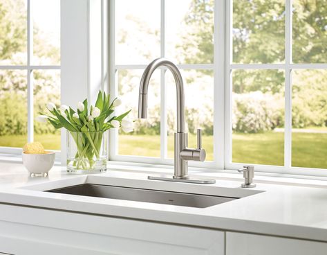 Looking to elevate your kitchen? Add a modern touch with the Harlow pull-down kitchen faucet. Available in a variety of finishes: Spot Free SS, Matte Black, and Brushed Gold. The smooth simple curve of the Harlow will look great in any kitchen. The high-arc spout design allows for plenty of space for large pots when washing. The installation is quick and easy with the SimpleFit (Top Mount) which allows for easy installation above your countertop in minutes, perfect for a DIY kitchen renovation. Black Hardware Kitchen, Kitchen Faucet Ideas, Spout Design, Brushed Nickel Kitchen, House Addition, Brushed Nickel Faucet, Kitchen Faucet With Sprayer, Diy Kitchen Renovation, Allen Roth