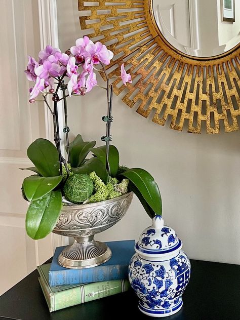 Decorating With Orchids, Orchid Display Ideas, Foyer Table Decor, Orchid Bowl, Orchid Display, Simple Winter Decor, Orchid Centerpiece, Foyer Ideas Entryway, Ideas Entryway