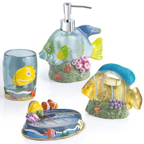 PRICES MAY VARY. Polyresin Include 1-each: Lotion Bottle, Toothbrush Holder, Soap Dish, and Tumbler Transform your bathroom into an underwater paradise A must have for the ocean inspired bathroom. Resin Lotion Pump with electroplated plastic pump: 6.30" X 3.70" X 6.90". Capacity: 7.44 oz. Resin Toothbrush Holder: 6.20" x 3.33" x 5.20" Resin Soap Dish: 5.60" x 4.10" x 2.80" Resin Tumbler: 3.86" x 3.35" x 4.33", Capacity: 12.85 oz Transform your bathroom into an underwater paradise with this Under Under The Sea Bathroom Ideas, Ocean Bathroom Ideas, Sea Themed Bathroom, Under The Sea Bathroom, Ocean Bathroom Decor, Seashell Bathroom, Ocean Themed Bathroom, Sea Bathroom, Aqua Bathroom