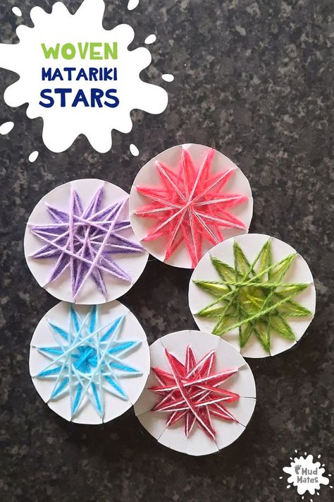 Matariki stars woven with yarn/wool on to carboard Matariki Activities For Kids, Matariki Stars Art, Matariki Crafts For Kids, Matariki Activities For Preschoolers, Celebration Activities For Kids, Matariki Art For Kids, Star Activities Preschool, Matariki Early Childhood, Matariki Crafts