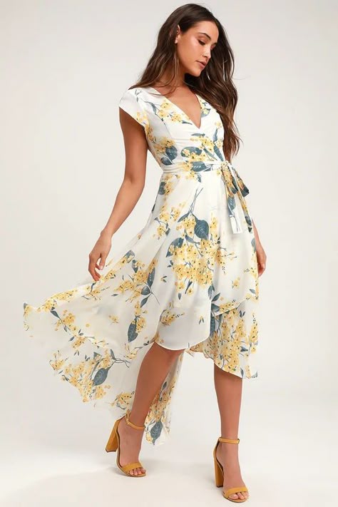 French Countryside White and Yellow Floral Print High-Low Dress | Lulus Yellow Floral Print Dress, Dress Sleeve Styles, French Countryside, Feminine Dress, Elegant Floral, Guest Outfit, Aaliyah, Lovely Dresses, Yellow Floral