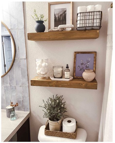 Studio Mcgee Bathroom Shelves, Mcgee Target, Neutral Bathroom Decor, Restroom Decor, Bathroom Decor Apartment, Bathroom Design Decor, Wood Floating Shelves, Target Finds, Bathroom Inspiration Decor