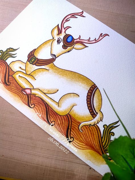 #watercolor #Kerala mural #muralart #miralaketch Kerala Mural Painting Deer, Kerala Mural Art, Canvas Art Painting Abstract, Pichwai Painting, Mural Art Design, Bull Painting, Mural Paintings, Rajasthani Art, Fabric Painting Techniques