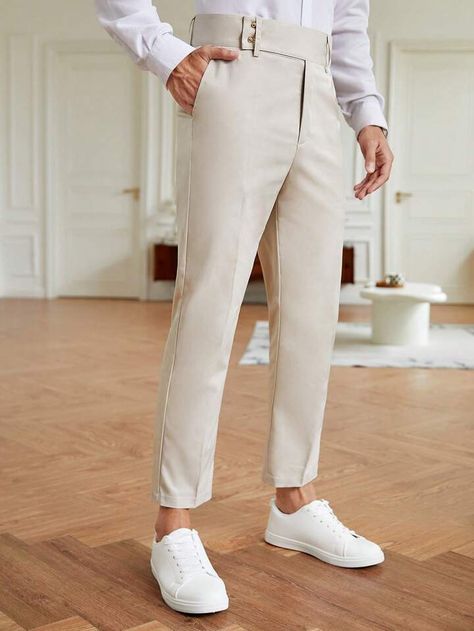 White Semi Formal Outfit Men, Colored Pants Outfits, Formal Pant, Semi Formal Outfit, Cream Trousers, Cream Outfits, Pants Outfit Men, Blue Bodycon Dress, White Shirt Men