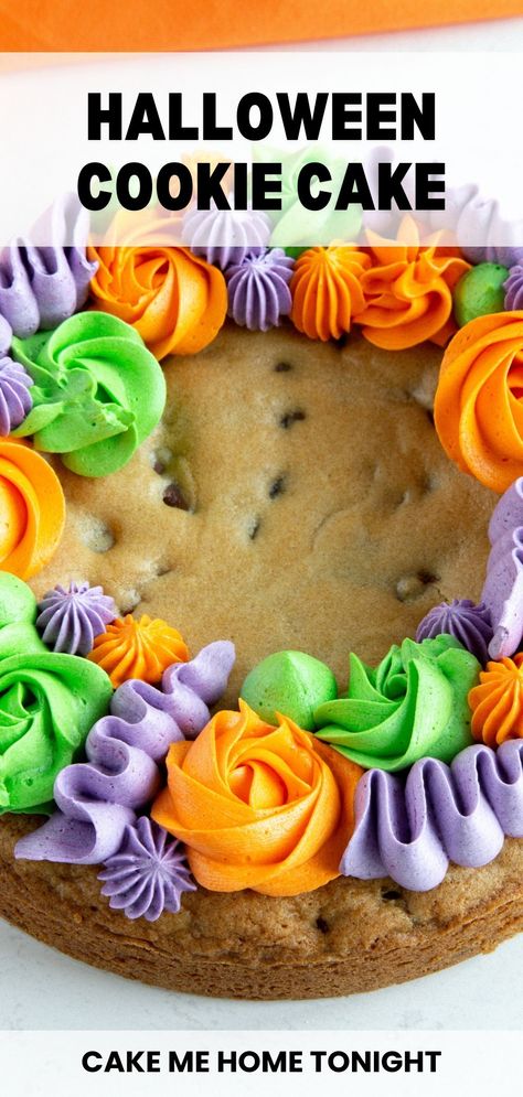 Halloween cookie cake is made with a chewy chocolate chip cookie base and frosted in vanilla buttercream. Fun Halloween treat for kids! Halloween Cookie Cake, Halloween Chocolate Chip Cookies, Mini Cookie Cake, Halloween Cupcake Cake, Cookie Cake Designs, Fun Halloween Treats, Halloween Food Desserts, Cookie Base, Halloween Dessert