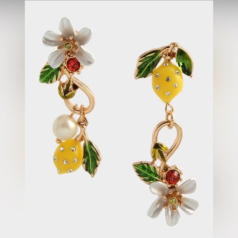 Brand New With The Original Tags! Mismatched Earrings Featuring Lemon Embellished With Delicate Stone Accents, Green Leaves, White Flowers, Mixed Stones And Pearl. Earrings Are Set In Gold-Tone Metal With A Post Back Closure. Gold-Tone Metal With Glass Stones And Plastic Components. Length: 2" Width: 0.75" Description Delicate Long Ear Wire Adorned With Subtle Green Stones And Leaves, And Dangling Vibrant Lemon. Earrings Have A Shepherds Hook Closure. Made From Polished Metal, Glass And Plastic. Lemon Flowers, Betsey Johnson Clothes, Betsey Johnson Earrings, Vintage Betsey Johnson, Mismatched Earrings, Heart Drop Earrings, Skull Earrings, Betsey Johnson Jewelry, Purple Stones