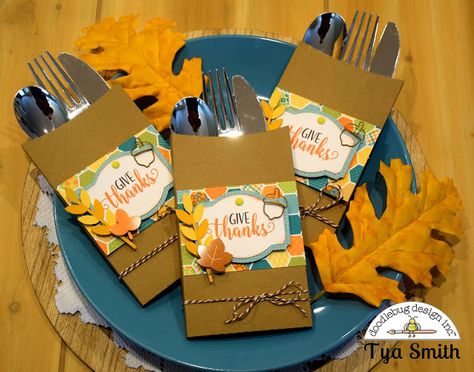 Doodlebug Design Inc Blog: Give Thanks Utensil Holder by Tya Thanksgiving Utensil Holder Ideas, Thanksgiving Utensil Holder, Utensil Holder Ideas, Utensil Pouch, Craft Area, Doodlebug Design, Plastic Ware, Utensil Holder, Give Thanks