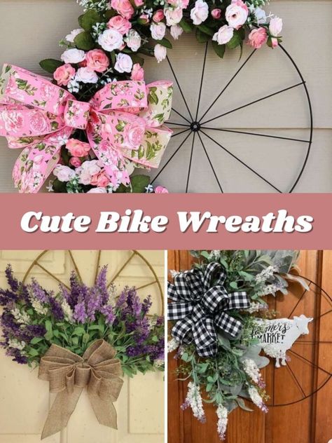 Creative Dollar Tree Bicycle Wheel Wreath Ideas - PinkPopDesign Wreath With Bicycle Wheel, Bike Wreaths Bicycle Wheel, Bike Wheel Wreath Diy, Dollar Tree Wagon Wheel Crafts, Wire Wheel Wreath, Bike Tire Wreath, Dollar Tree Bicycle Wheel Wreath Ideas, Bicycle Tire Wreath, Dollar Tree Bike Wheel Wreath