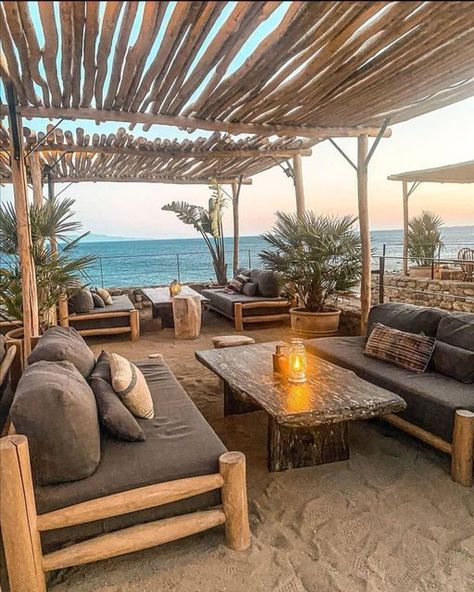 Beach Restaurant Design, Scorpios Mykonos, Beach Cabanas, Outdoor Restaurant Patio, Boho Beach House, Hut House, Outdoor Restaurant Design, Bamboo House Design, Restaurant Patio