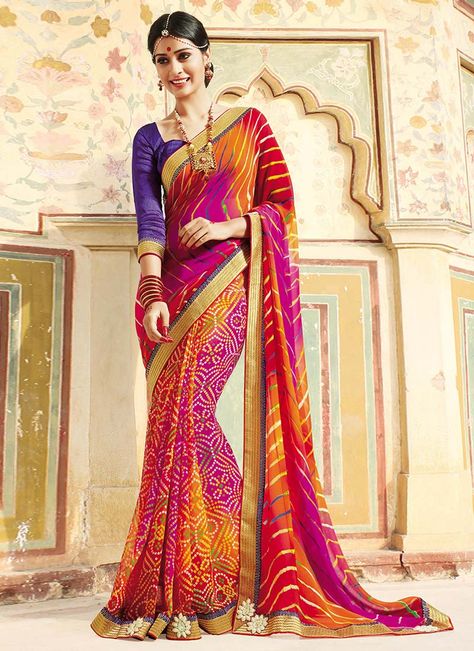 Bandini N Leheriya Patterned Half N Half Saree Lehariya Print, Half N Half Saree, Festival Fashion Outfit, Indian Wardrobe, Festival Outfit Inspiration, Designer Sarees Wedding, Anarkali Salwar, Wedding Lehengas, Latest Indian Saree