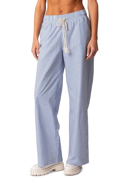 8 Chic Pajama-Pant Outfit Ideas to Try This Season | Who What Wear Striped Linen Pants, Summer Lounge, Pant Trends, Pinstripe Pants, Printed Wide Leg Pants, Summer Pants, Pants Casual, Striped Linen, Striped Pants