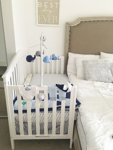 Cribs For Twins Small Spaces, Crib Attached To Bed Co Sleeper, Crib Set Up, Crib In Closet Ideas Small Spaces, Crib In Bedroom Ideas Shared Rooms, Crib Next To Bed, Bedroom With Crib, Co Sleeping Bed, Baby Crib In Parents Room