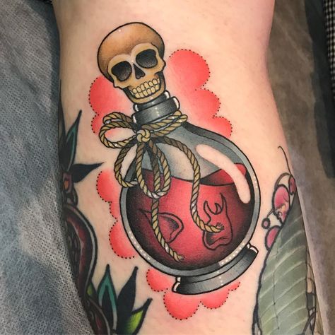 Super fun potion bottle from a while back for Michaela ❤️☠️ done at @lygonsttattooco | 💌 carly.vh@live.com.au for bookings and enquiries .… Rip Tattoo, Petit Tattoo, Bottle Tattoo, Tattoo Henna, Spooky Tattoos, New School Tattoo, Halloween Tattoos, Potion Bottle, Trendy Tattoos