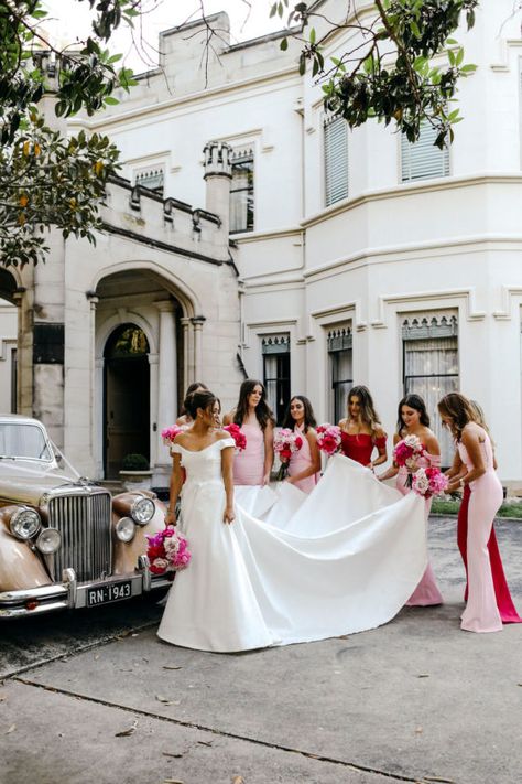 This pink and red Sydney wedding is redefining this bold color palete in so many ways. Isobel & Matt were married in Kincoppal-Rose Bay where the bride, along with her sisters and bridesmaids, went to school! Then the reception? Two words: champagne tower. Don’t even get us started on the lush suspended floral installation by Kashaya & Co and the beautiful pink color palette that confirmed our love for colorblock palettes, all captured by Lara Hotz Photography! View full post >& Pink Spring Wedding Theme, Winter Pink Wedding, White Pink Red Wedding, Wedding Red And Pink, Pink And Red Bridesmaids, Pink And Red Bridesmaid Dresses, Red And Pink Bridesmaid Dresses, Bridesmaid Dresses Pinks And Reds, Pink Bride White Bridesmaids