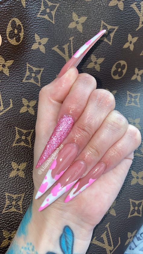 Pink Cow Print Nails Acrylic, Pink Cowprint Nails Acrylic, Light Pink And Cow Print Nails, Hot Pink Cow Print Nails, Pink Cow Nails, Pink Cow Print Nails Acrylic Long, Neon Pink Cow Print Nails, Pink Glitter Cow Print Nails, Pink Cow Print Nails