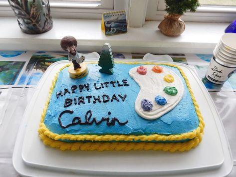 Bob Ross Birthday Cake, Bob Ross Cake Ideas, Bob Ross Party Ideas, Bob Ross Cake, Bob Ross Birthday Party, Bob Ross Party, Bob Ross Birthday, Painting Party, Bob Ross