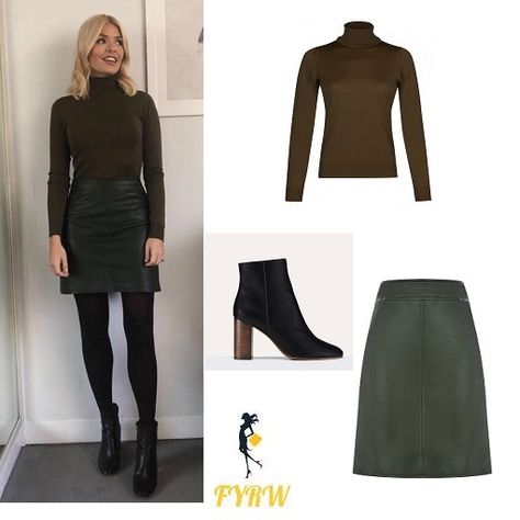 Holly Willoughby outfit blog khaki green polo neck sweater khaki faux leather skirt black ankle boots with brown heels This Morning February 2018 Khaki Skirt Work Outfit, Olive Leather Skirt Outfit, Green Ankle Boots Outfit, Green Leather Skirt Outfit, Roll Neck Sweater Outfit, Faux Leather Skirt Outfit, Paris Weekend, Holly Willoughby Style, Green Leather Skirt