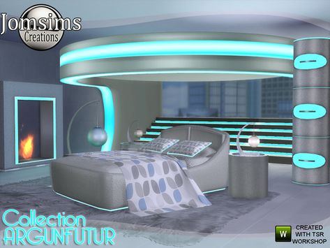 jomsims' argunfutur bedroom led and reflections Sims 4 Cc Bedroom, Sci Fi Furniture, Bedroom Led Lights, Sims 4 Beds, Bedroom End Tables, Futuristic House, Led Beds, Spaceship Interior, Sims 4 Bedroom