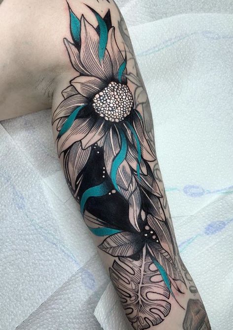 Black Tattoo With Blue Accents, Black Ink Cover Up Tattoo Work, Tattoo Collage Sleeve, Black And White With Color Tattoo, Black And Colour Tattoo, Black Tattoo With Pop Of Color, Cover Up Tattoos Floral, Black And White Tattoo With Pop Of Color, Fill In Tattoo Ideas Sleeve Backgrounds