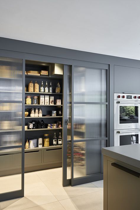 Contemporary Shaker Kitchen, Manhattan Kitchen, Blakes London, Glass Pantry, Kitchen Larder, White Shaker Kitchen, Corner Pantry, Pantry Cupboard, Pantry Ideas