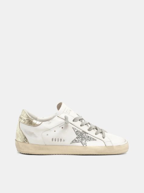 Golden Goose - Super-Star sneakers with silver glitter star and glossy gold leather heel tab in Gold Glitter Stars, Classy Fits, Preppy Shoes, Silver Sneakers, Exclusive Sneakers, Golden Goose Sneakers, Shoe Inspo, Golden Goose Shoes, Glitter Stars