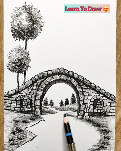 Drawing Bridges Sketches, Bridge Reference, Bridge Sketch, Drawing Landscapes, Pictures Of Bridges, Bridge Drawing, Draw Pencil, Landscape Design Drawings, Scenery Art