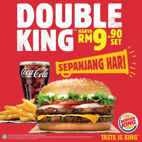 Burger King Double King All Day Long Promotion only RM 9.90 from 2 January 2020 until 5 February 2020 Burger Mcdonalds, Malaysia Food, Food Posters, Food Banner, Food Advertising, Simple Food, Food Graphic Design, 22 December, Western Food