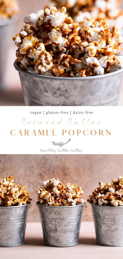 Homemade browned butter caramel gets drizzled over freshly popped popcorn and then baked in the oven for 20 minutes for crispy snacking perfection! This gluten-free, vegan Browned Butter Caramel Popcorn is so easy to make and will definitely be all the rave at your next party. | www.healthylittlevittles.com Caramel Pecan Cookies, Apple Crumb Bars, Healthy Popcorn, Apple Crumb, Butter Caramel, Salted Caramel Brownies, Vegan Caramel, Caramel Brownies, Pecan Cookies