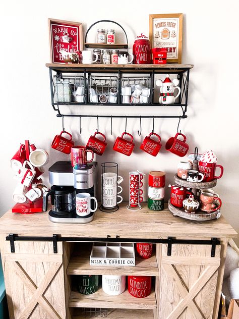 Christmas Decor Coffee Bar, Cocoa Coffee Bar, Hot Cocoa Bar Christmas Decor, Seasonal Coffee Bar Decor, Coffee And Cocoa Bar Ideas, Coffee And Cocoa Bar, Rae Dunn Hot Cocoa Bar, Christmas Coffee Station Ideas, Xmas Coffee Bar