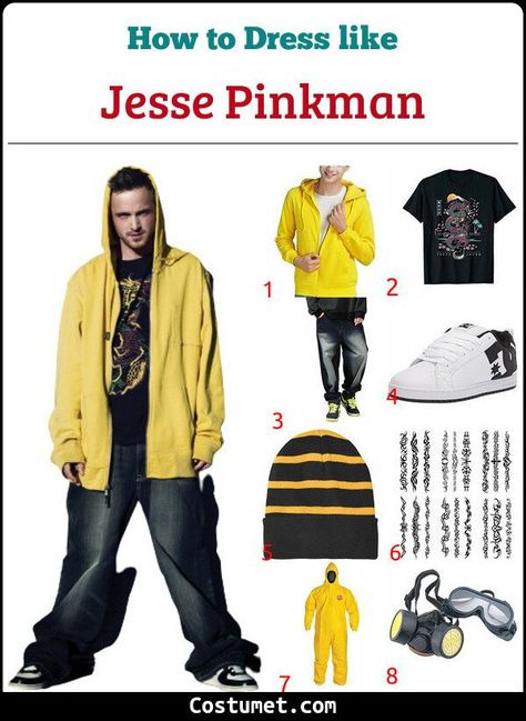 Jesse Pinkman (Breaking Bad) Costume for Cosplay & Halloween 2021 Breaking Bad Yellow Suit, Jesse From Breaking Bad Outfits, Breaking Bad Outfit Ideas, Jessie Pinkman Halloween Costume, How To Dress Like Jesse Pinkman, Jesse Pinkman Outfit Ideas, Jesse And Jane Breaking Bad Costume, Jessie Breaking Bad Costume, Movie Characters Cosplay