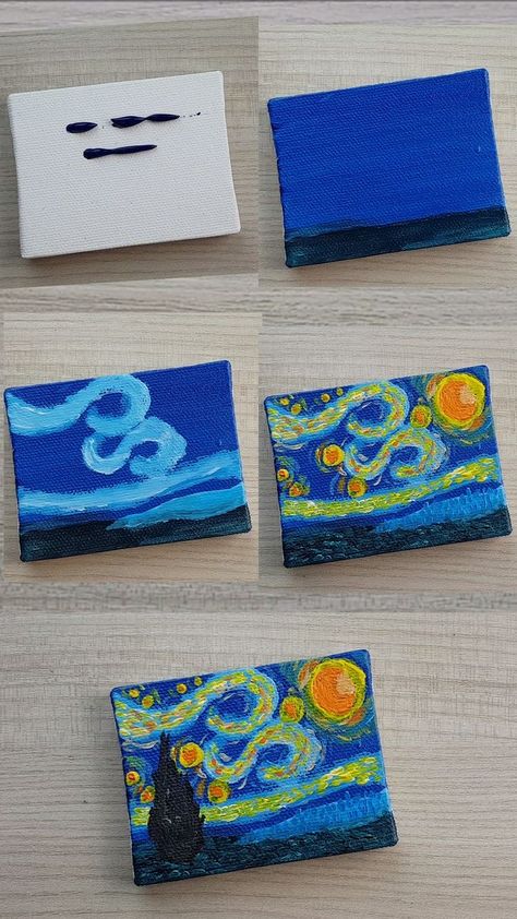 Starry Night Canvas Painting Easy, East Acrylic Painting Ideas, Miniature Acrylic Paintings, Starry Night Easy, Window Painting Canvas, Impressionist Paintings Easy, East Painting Ideas, Asylum Room, Mini Toile