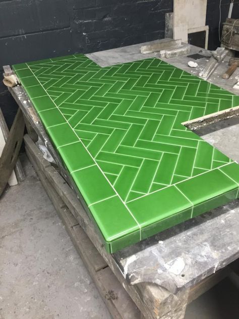 Olive Green Herringbone hearth in 6 by 2 tiles with a border Tiled Hearth, Fireplace Hearth Tiles, Hearth Tiles, Hearth Stone, Art Deco Fireplace, Victorian Colors, Striped Tile, Diamond Tile, Mantel Design