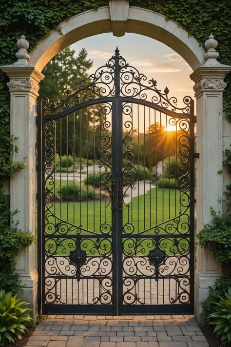 20 Farmhouse Gate Ideas For Charming Entrances - Toolz Geek Big Gates Entrance, Rustic Gates Entrance, Stone Gate Entrance, Baroque Room, Rustic Gates, Farmhouse Gate, Gothic Gate, Front Door Gate, Vintage Wagon Wheel