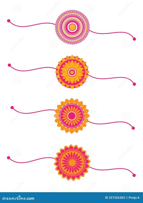 This stunning collection of four Rakhi s is perfect for the Hindu festival of Raksha Bandhan. Featuring intricate floral designs in vibrant pink and orange colors, each Rakhi blends traditional elegance with a modern touch. These beautifully crafted vector Rakhi s are designed with meticulous attention to detail, making them an ideal choice for celebrating the cherished bond between siblings. Rakhi Illustration, Rakhi Greetings, Colors Illustration, Happy Rakhi, Hindu Festival, Floral Vector, Flower Circle, Hindu Festivals, Raksha Bandhan