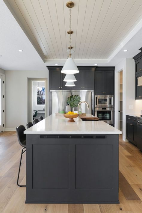 Black Shaker Kitchen Island, Dark Blue Kitchen Islands, Dark Gray Lower Cabinets White Upper, Dark Grey Island White Kitchen, Gray Lower Cabinets White Upper, Dark Painted Kitchen, Charcoal Kitchen Island, Dark Gray Kitchen Island, Dark Lower Cabinets Light Upper