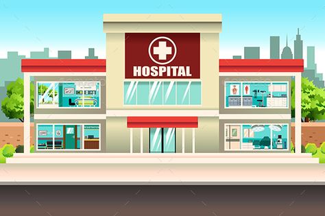 Hospital Building Hospital Vector Illustration, Cartoon Hospital Building, Hospital Animation, School Building Illustration, Hospital Illustration, Hospital Cartoon, Animal Infographic, Art Competition Ideas, Community Places