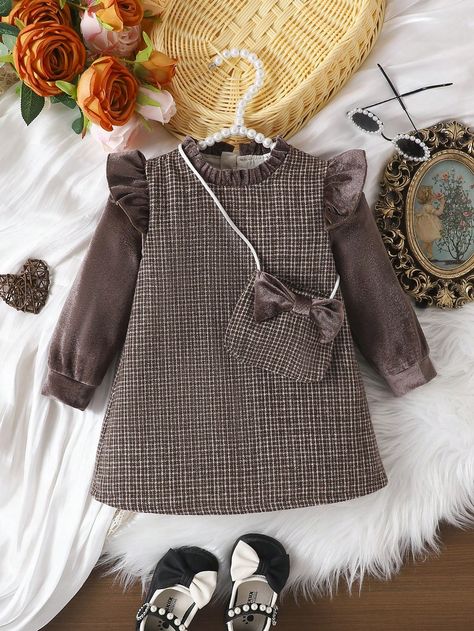 Coffee Brown  Collar Long Sleeve  Plain A Line Embellished Non-Stretch  Baby Girls Clothing Winter Clothes For Baby Girl, Baby Girl Dresses Winter, Baby Winter Dress, Frocks For Babies, Girls Winter Dresses, Dress Baby Girl, Winter Baby Clothes, Party Frocks, Round Neck Dress