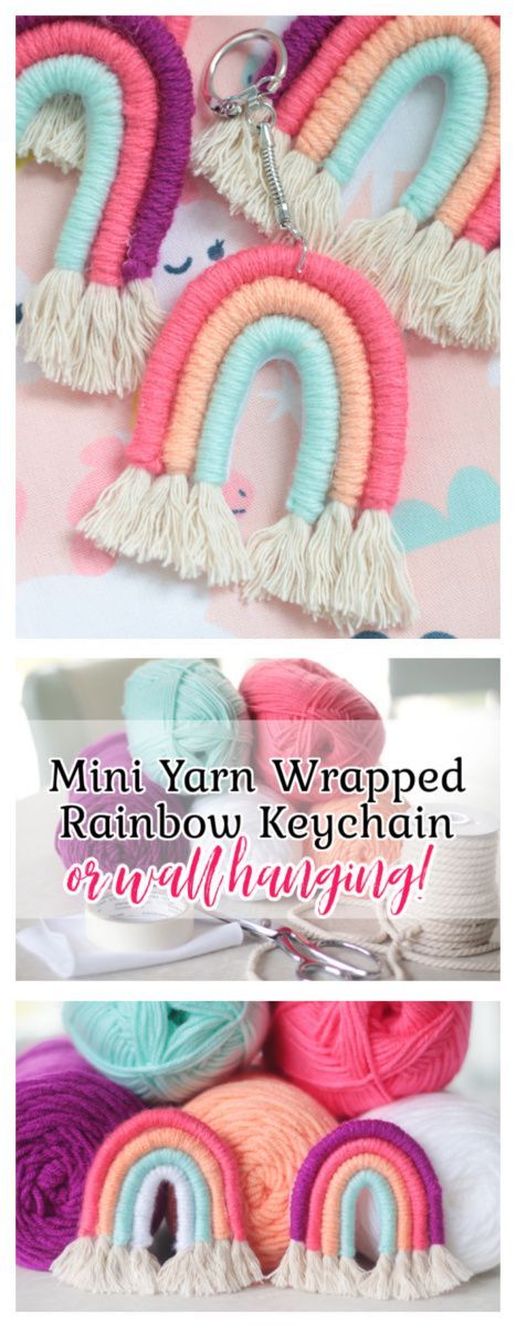 Make a mini yarn rainbow keychain or wall hanging! We'll show you how to make a 3" or 4" rainbow. Add a keychain or glue a piece of yarn to the back to hang! Cord Rainbow Diy, Wrapped Rope Wall Hanging, Yarn Rainbow Keychain Diy, How To Make Macrame Rainbow Keychain, Things To Make With Yarn Diy Projects, Yarn Wrapping Crafts, Fun Yarn Crafts, Rope Rainbow Diy, Spring Easy Crafts