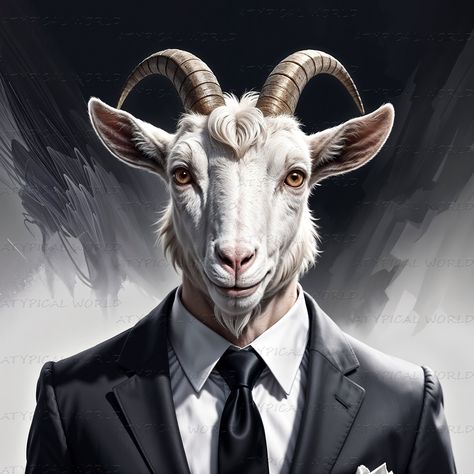 Fantasy Minimalist Portrait of a Man-Goat in Stylishly Lawyer Style: Suit, Horns and Goatee, Unique Hell Lawyer Art, Wall Decor Design. Goat Portrait, Lawyer Art, Lawyer Style, Minimalist Portrait, Lawyer Fashion, 4 Images, Water Signs, Dark Pictures, Books Art