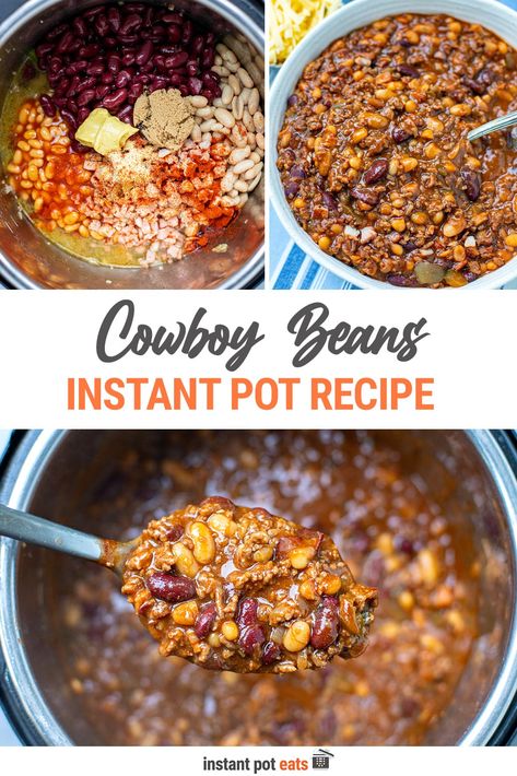 Learn how to make the most delicious Instant Pot Cowboy Beans! This easy pressure cooker recipe is hearty and filling, perfect for summer cook outs or as a winter warmer. Loaded with three types of beans, ground beef, bacon, onions and bell peppers, this tangy and sweet Southwestern classic is a family favorite. Perfect for holiday gatherings, potlucks, barbecue parties, and it is a must for game day. Pressure Cooker Dry Beans, Instant Pot Cowboy Beans, Chuckwagon Beans, Cowboy Beans Recipe, Instant Pot Beans, Instant Pot Beans Recipe, Cowboy Baked Beans, Calico Beans, Southwestern Recipes