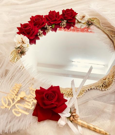 Nikha Mirrors, Nikah Mirror, Nikkah Ideas, Nikah Pen, Bride Fashion Illustration, Wedding Mirror, Wedding Decor Photos, Wedding Diary, Resin Crafts Tutorial