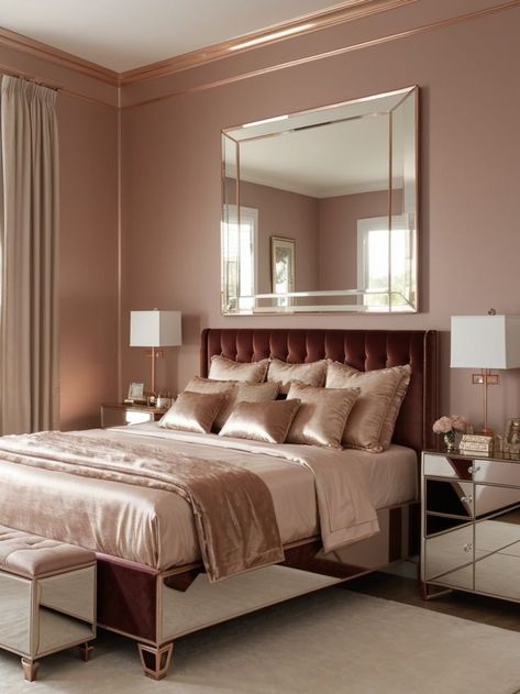 Create a glamorous bedroom by adding a glitter accent wall in a stunning rose gold shade. Complete the look with chic furniture pieces like a mirrored dresser and velvet tufted headboard for a luxurious touch. Glitter Accent Wall, Velvet Tufted Headboard, Glamorous Bedroom, Mirrored Dresser, Glamourous Bedroom, Tufted Headboard, Room Design Bedroom, Closet Designs, Remodel Bedroom