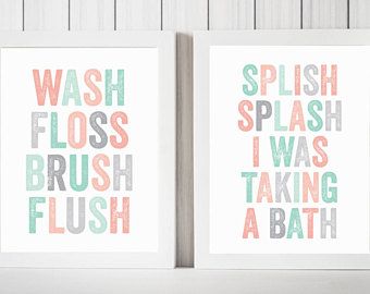 Set of 2 Prints, Bathroom PRINTABLES, Wash Floss Brush Flush, Splish Splash I Was Taking A Bath, Coral Bathroom Decor, Coral and MInt Coral Bathroom Decor, Candlelit Bath, Coral Kitchen, Coral Bathroom, Peach Bathroom, Mint Tone, Prints Bathroom, Bathroom Printables, Fragrant Candles