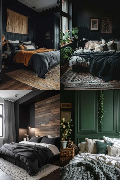 Dark Masculine Bedroom, Gray Accent Wall Bedroom, Hunter Green Bedrooms, Forest Green Bedrooms, Dark Bedroom Ideas, Organic Modern Bedroom, Moody Bedroom Ideas, Green Bedroom Walls, Grey Accent Wall