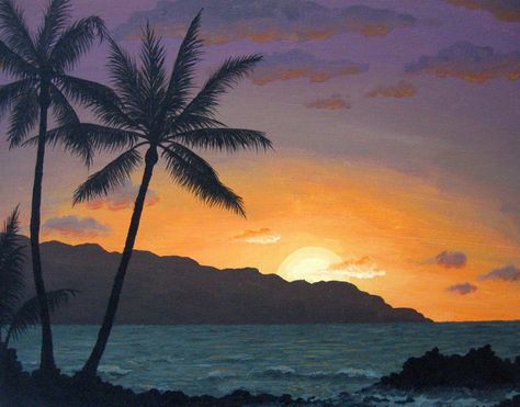 Landscape Hawaii Painting, Hawaii Landscape, Beach Scene Painting, Beach Drawing, Hawaiian Sunset, Sunrise Painting, Landscape Sketch, Easy Canvas Painting, Simple Acrylic Paintings