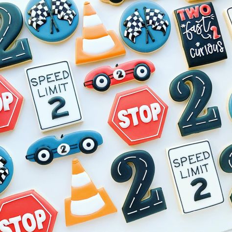 Two Fast Desserts, Car Themed Desserts, Two Fast 2 Curious Birthday Cake, Race Car 1st Birthday Cookies, 2 Fast Cookies, Two Fast Too Curious Birthday Cake, 2 Fast Cookies Decorated, 2 Fast 2 Curious Cookies, Two Fast Cookies Birthday