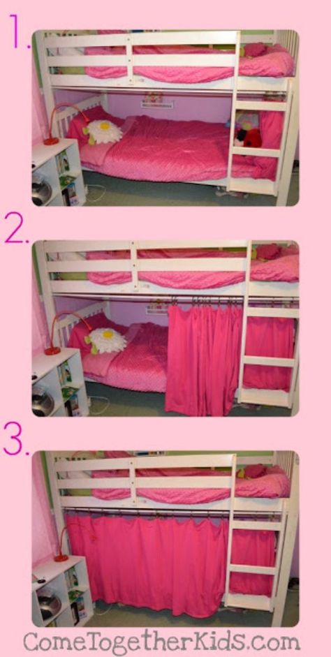 Cool DIY Ideas With Tension Rods - No Sew Bottom Bunk Fort - Quick Do It Yourself Projects, Easy Ways To Save Money, Hacks You Can Do With A Tension Rod - Window Treatments, Small Spaces, Apartments, Storage, Bathroom, Kitchen, Closet Organizing and Decor Ideas for Kids Rooms - DIY Projects and Crafts by DIY JOY http://diyjoy.com/diy-ideas-tension-rods Bottom Bunk Fort, Bunk Bed Fort, Bunk Bed Ideas Diy, Bunk Bed Curtains, Bed Fort, Bunk Beds Small Room, Ideas Armario, Bottom Bunk, Tension Rods