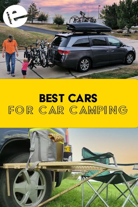 Top image: vehicle with bike rack and roof rack; bottom image: table on car camping Best Suv For Car Camping, Sedan Camping, Suv Life, Suv Camper, Suv Camping, Normal Cars, Best Suv, Camping Set Up, Mid Size Suv